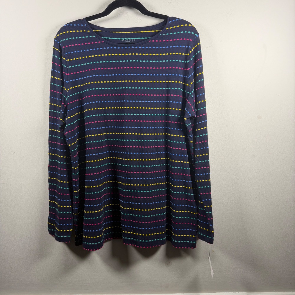 NEW Talbots Striped Top Womens X Navy Blue Modern Dotted Multi Color Long Sleeve
